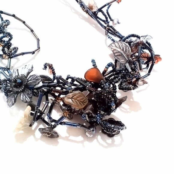 Woven Flower Themed Blue and Brown Multi Strand Beaded Necklace - Picture 3 of 7